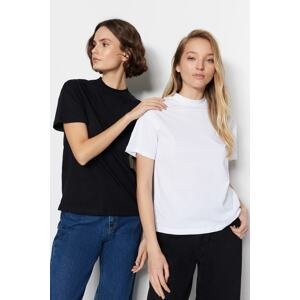 Trendyol White-Black 2-Pack 100% Cotton Basic Stand Up Collar Knitted T-Shirt