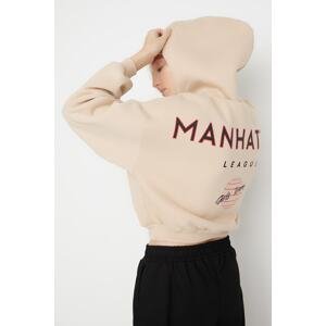 Trendyol Beige Back Print Detailed Hooded Thick Fleece Knitted Sweatshirt