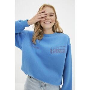Trendyol Blue Crew Neck Basic Fit Printed Fleece Inside Knitted Sweatshirt