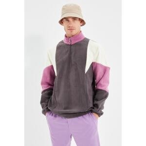 Trendyol Anthracite Regular/Normal Cut Zippered Color Block Anti-pilling Fleece Sweatshirt