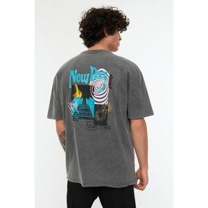Trendyol Anthracite Oversize/Wide Cut Crew Neck Short Sleeve Acid Wash Printed T-Shirt
