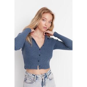 Trendyol Indigo Button Detailed Fitted Crop Polo Neck Ribbed Stretchy Knitted Blouse