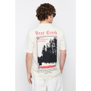 Trendyol Beige Oversize/Wide Cut Text Printed 100% Cotton Short Sleeve T-Shirt