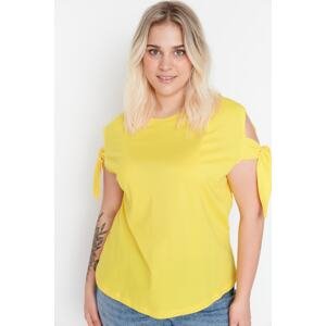 Trendyol Curve Yellow Sleeves Tie Detail 100% Cotton Knitted T-Shirt
