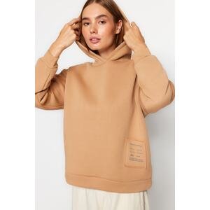 Trendyol Beige Loose Hooded Printed and Raised Knitted Sweatshirt