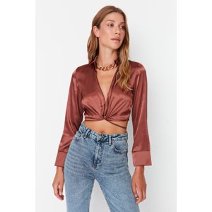 Trendyol Brown Crop Tie Detail Satin Woven Blouse
