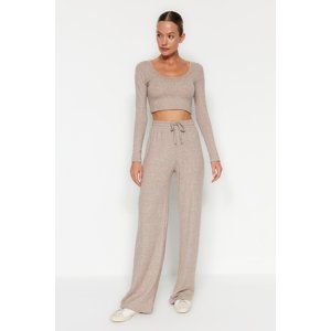 Trendyol Beige Soft Crop and Wide Leg Knitted Top and Bottom Set