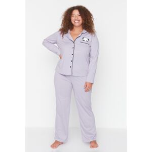 Trendyol Curve Lilac Shirt Collar Panda Printed Knitted Pajama Set