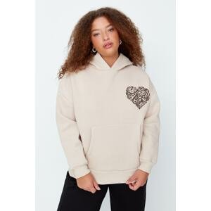 Trendyol Curve Beige Printed Hooded Thick Raised Knitted Sweatshirt