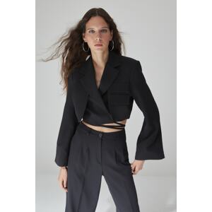 Trendyol Limited Edition Black Crop Lined Double Breasted Woven Blazer Jacket