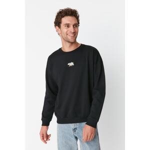 Trendyol Black Oversize/Wide Cut Fit Animal Embroidered Fleece/Warm Sweatshirt