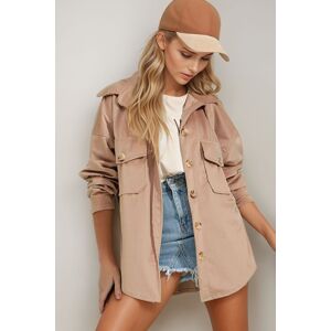 Trend Alaçatı Stili Women's Stone Velvet Cotton Double Pocket Oversize Jacket Shirt