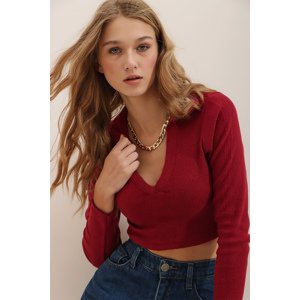 Trend Alaçatı Stili Women's Burgundy Polo Neck Ribbed Soft Textured Crop Blouse