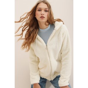 Trend Alaçatı Stili Women's Ecru Hooded Zipper Front Double Pocket Oversized Plush Sweatshirt