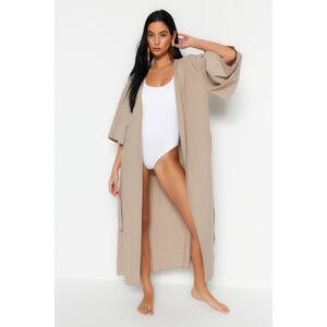 Trendyol Beige Belted Maxi Woven Linen Look Beach Kimono&Caftan