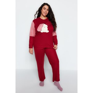 Trendyol Curve Burgundy Plush Detailed Knitted Pajamas Set