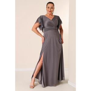 By Saygı Double Breasted Neck Front Draped Lined Plus Size Long Silvery Dress with Flounce Slit on the Sleeves