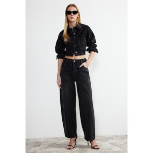 Trendyol Black Stitch Detail Belt Buckle on Back High Waist Barrel Jeans