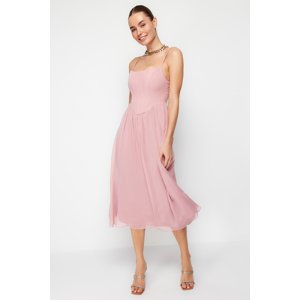 Trendyol Dusty Rose A-Line Lined Corset Detailed Woven Tulle Elegant Evening Dress