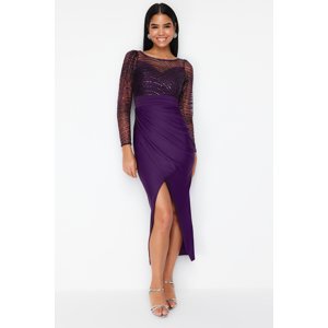 Trendyol Purple Sequin Knitted Tulle Long Elegant Evening Dress