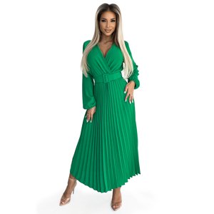 504-4 VIVIANA Pleated midi dress with a neckline, long sleeves and a wide belt - light green