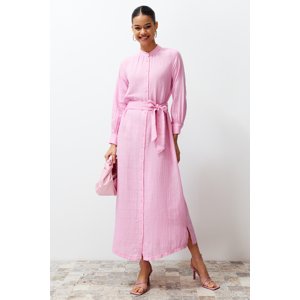 Trendyol Pink Judge Collar Belted Buttoned Woven Shirt Dress