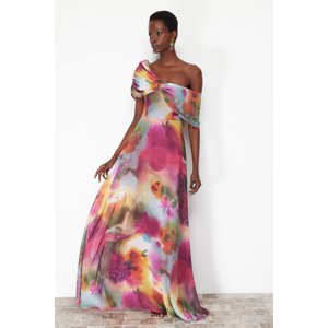 Trendyol Multicolored A-Line Lined Asymmetrical Neck Woven Chiffon Long Elegant Evening Dress