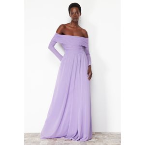 Trendyol Lilac A-Cut Carmen Neckline Knitted Tulle Long Evening Evening Dress