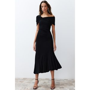 Trendyol Black Asymmetric Collar Knitted Elegant Evening Dress