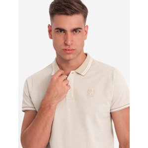 Ombre Men's melange polo shirt with striped collar - sand