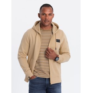 Ombre Men's unbuttoned sweatshirt with hood and patch - sand