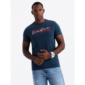 Ombre Men's cotton t-shirt with double printed logo - navy blue