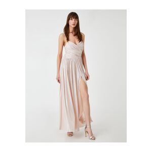 Koton Long Evening Dress Draped Strap Shiny