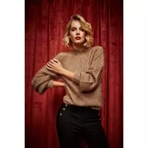 Marisse Turtleneck Sweater Decorated With Metallic Thread, Beige