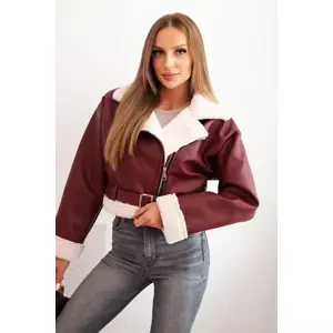 Kesi Włoski Women's pilot jacket made of eco-leather, insulated with fur and a belt, burgundy