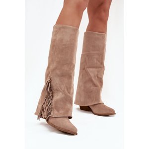 Boto Ladies Slip-On Cowboy Boots With Heel And Fringes Beige Zalia