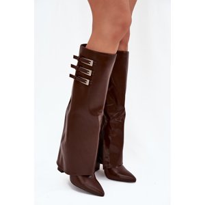 Boto Women's Heeled Boots Turned Shaft Straps With Buckles Chocolate Nirisa