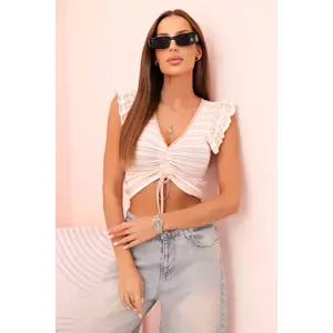 Kesi Women's ribbed blouse with gathering and ruffle powder pink
