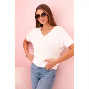 Kesi Włoski Women's sweater made of soft fluff with a V-neck and short sleeves white