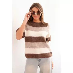 Kesi Włoski Women's striped short-sleeve sweater made of wool beige + brown
