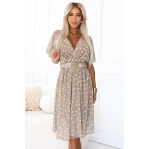 604-3 Sensual dress with white polka dots, a wrap neckline and a decorative belt - beige