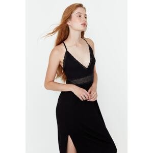 Trendyol Black Lace Back Detail and Slit Detail Rope Strap Knitted Nightgown