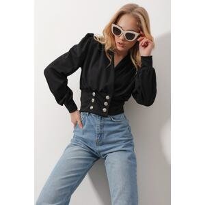 Trend Alaçatı Stili Women's Black Double Breasted Collar Princess Cuff Button Detailed Crop Blouse