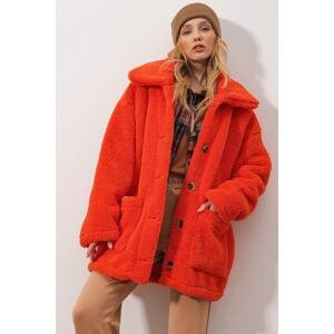 Trend Alaçatı Stili Women's Orange Polo Collar Double Pocket Buttoned Front Plush Coat
