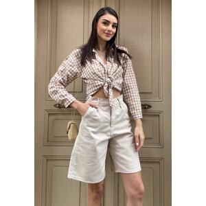 Trend Alaçatı Stili Women's Beige High Waist Wide Leg Bermuda Denim Shorts