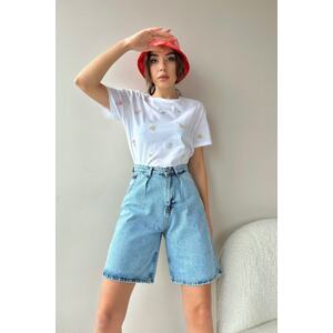 Trend Alaçatı Stili Women's Light Blue High Waist Wide Leg Bermuda Denim Shorts