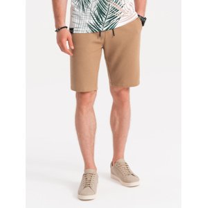 Ombre Men's knitted shorts with decorative elastic waistband - light brown