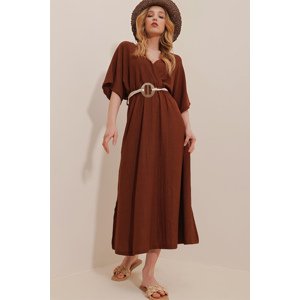 Trend Alaçatı Stili Women's Brown Double Breasted Collar Waist Belted Midi Dress