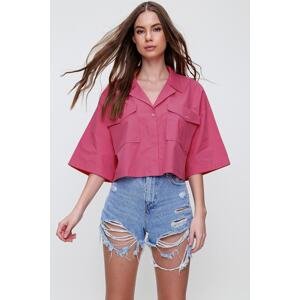 Trend Alaçatı Stili Women's Fuchsia Envelope Pocket Crop Poplin Shirt