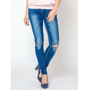 Jeans decorated with cuts and rhinestones on the knees navy blue